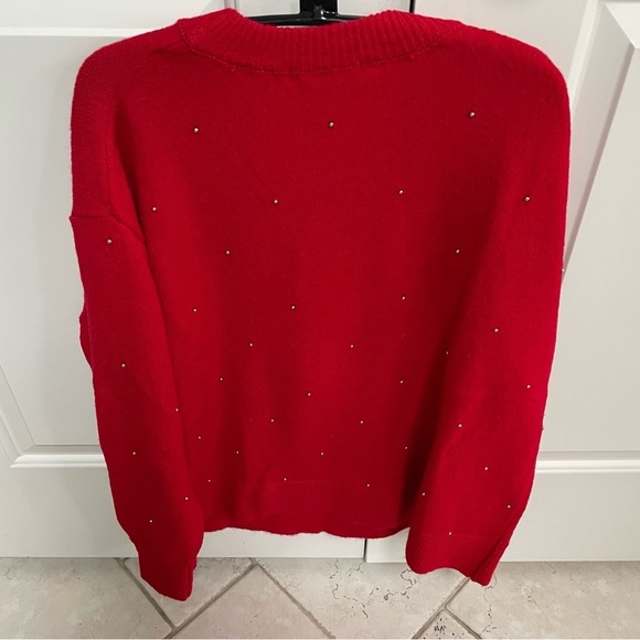 NWT DEX Cherry Red Super Soft Silver Ball Embellished Pullover Crew Neck Sweater - Picture 7 of 10